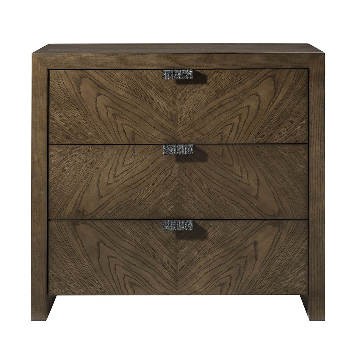 Front view of modern nightstand with three drawers.
