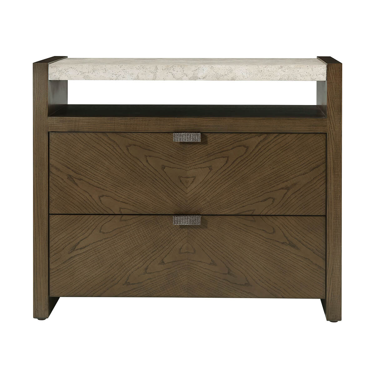Front view of dark modern two-drawer nightstand.