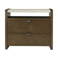 Front view of dark modern two-drawer nightstand.