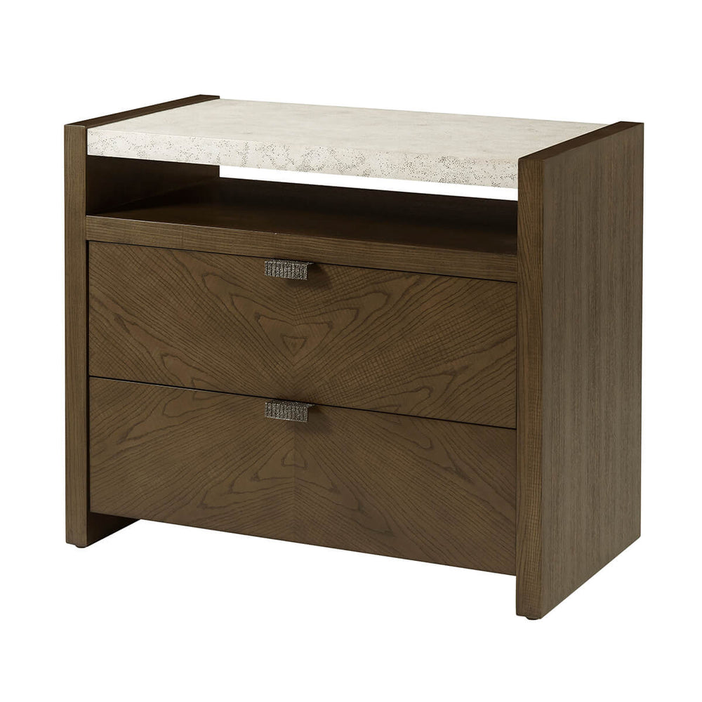 Dark modern nightstand with two drawers, angled view.