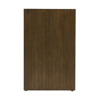 Wooden side panel of dark modern two-drawer nightstand.