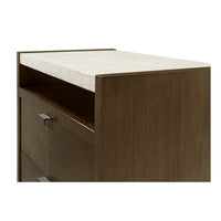 Side view dark modern nightstand, marble top detail.