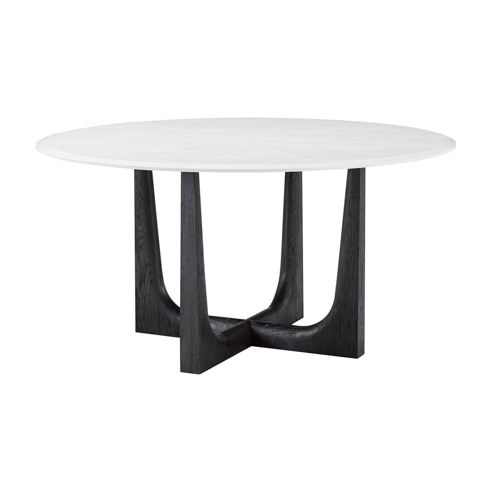 Round dining table, angled view of top and base.