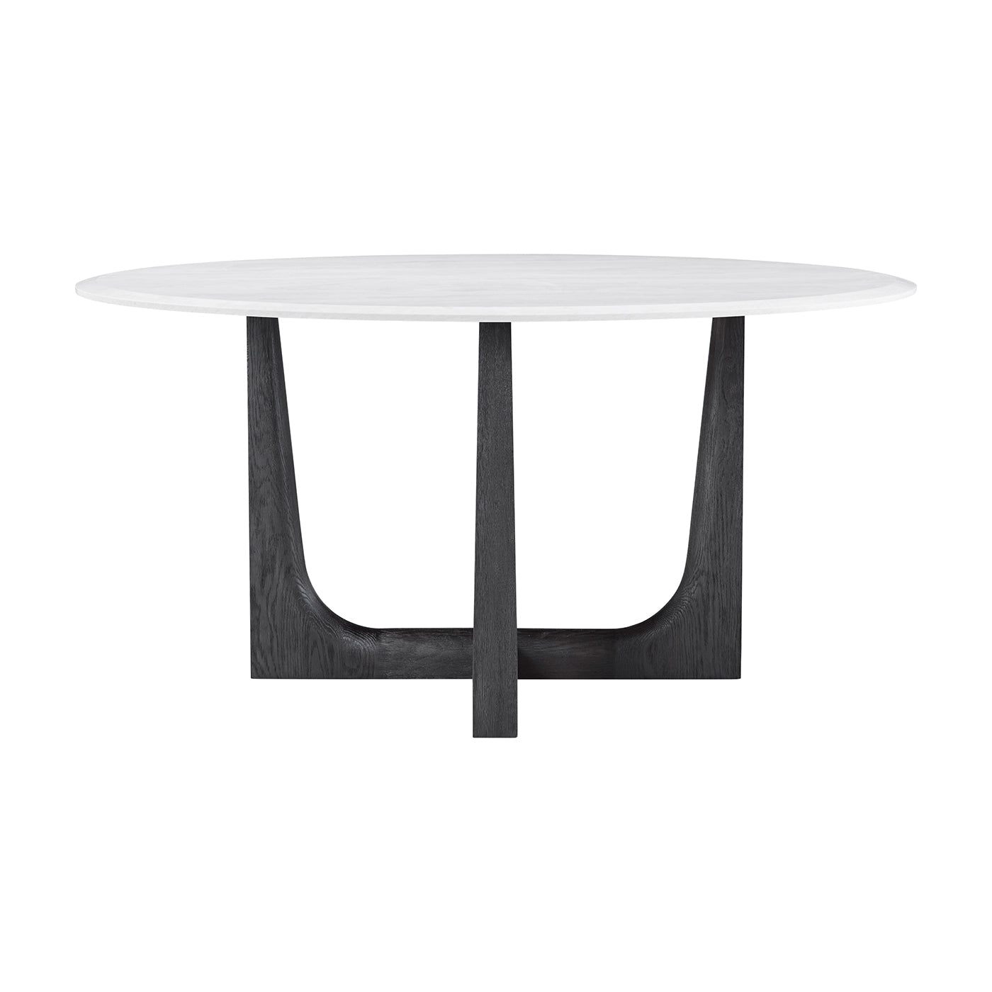 Round dining table, front view of elegant dark base.