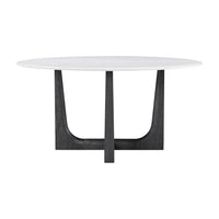 Round dining table, front view of elegant dark base.
