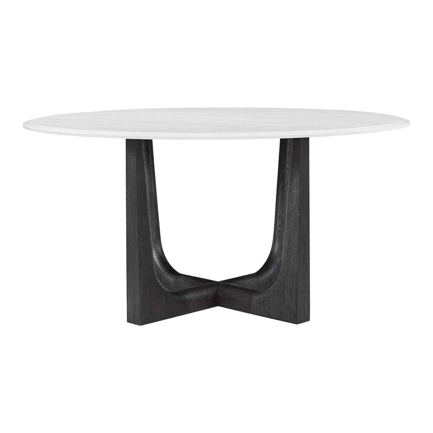 Round dining table, side view showing base design.