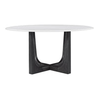 Round dining table, side view showing base design.