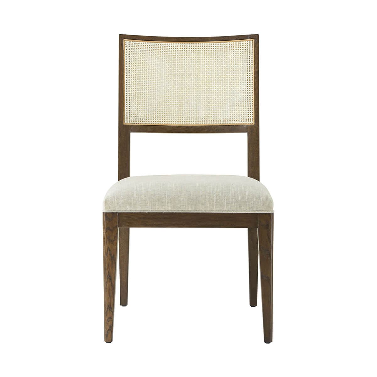 Frontal view of dark oak dining chair.
