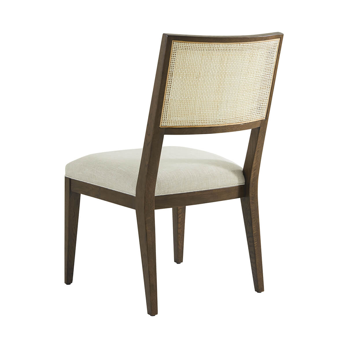 Dark oak dining chair backrest and rear legs view.