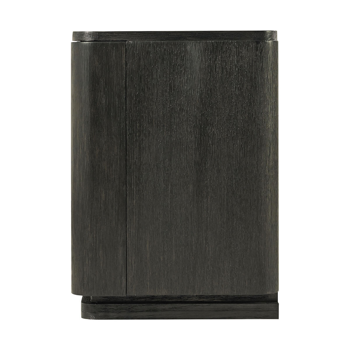 Side view of dark oak modern media console.