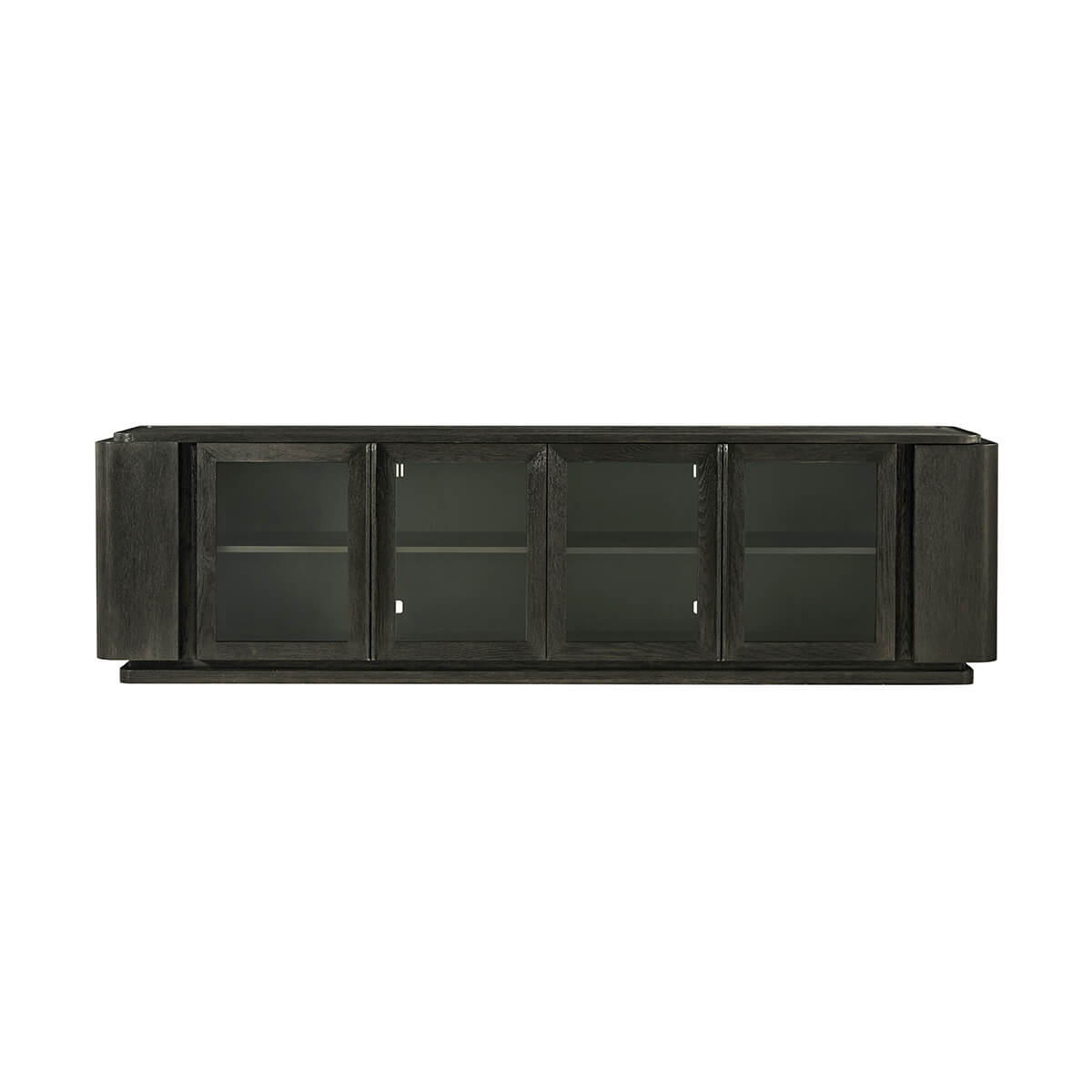 Front view of dark oak modern media console.