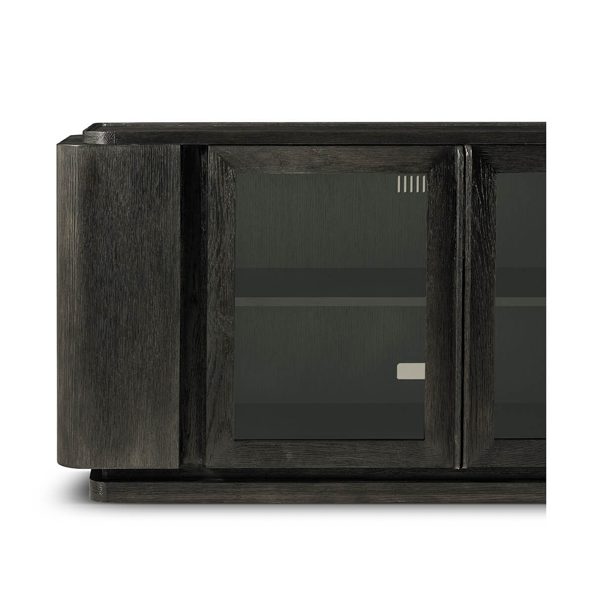 Close-up on cabinet detail of dark oak modern console.