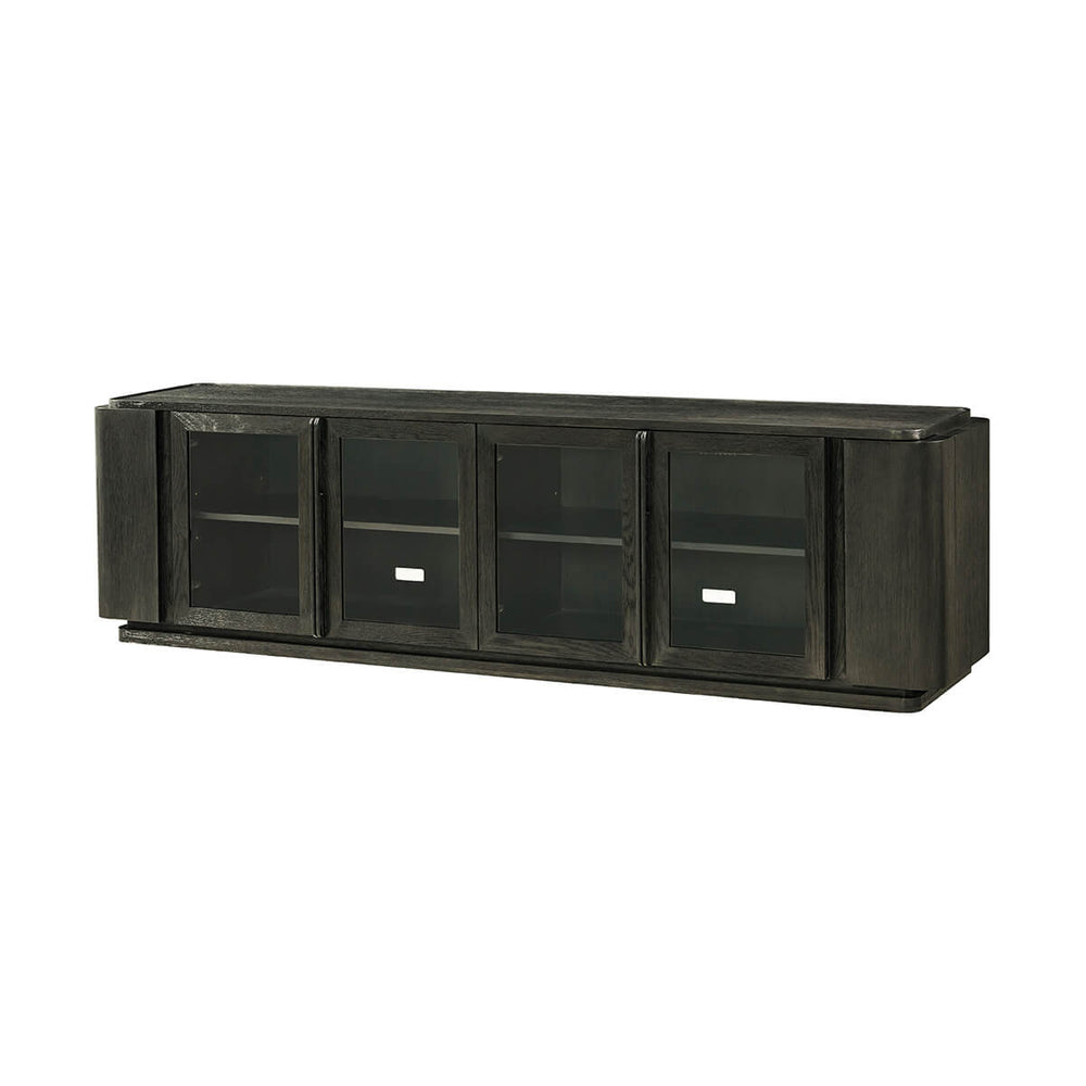 Angled view of dark oak modern media console.