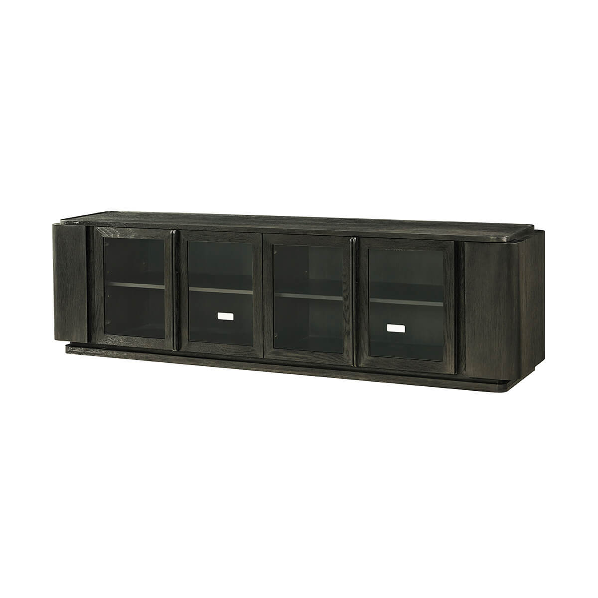 Angled view of dark oak modern media console.