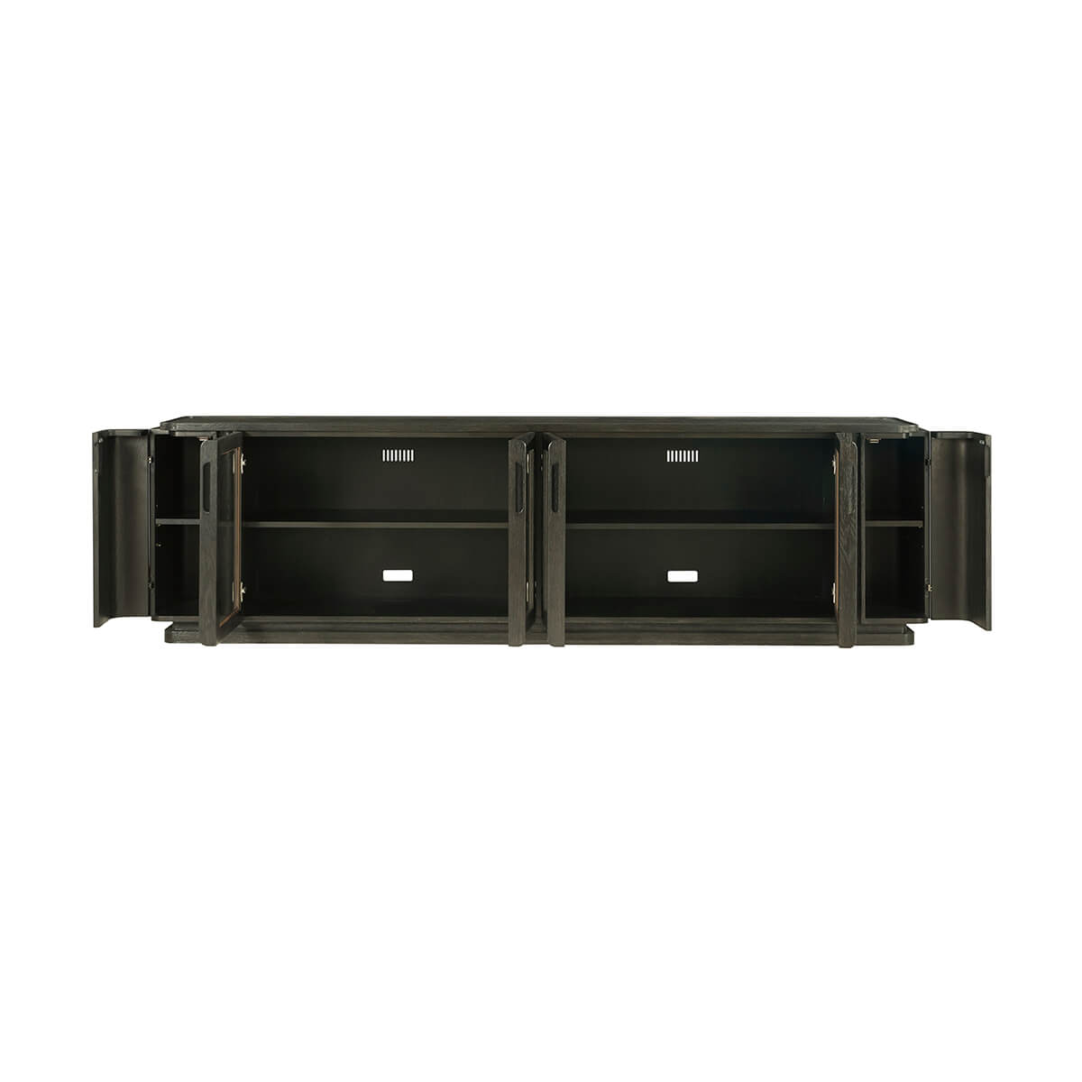 Open cabinets of dark oak modern media console.