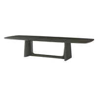 Dark oak dining table, angled side view.