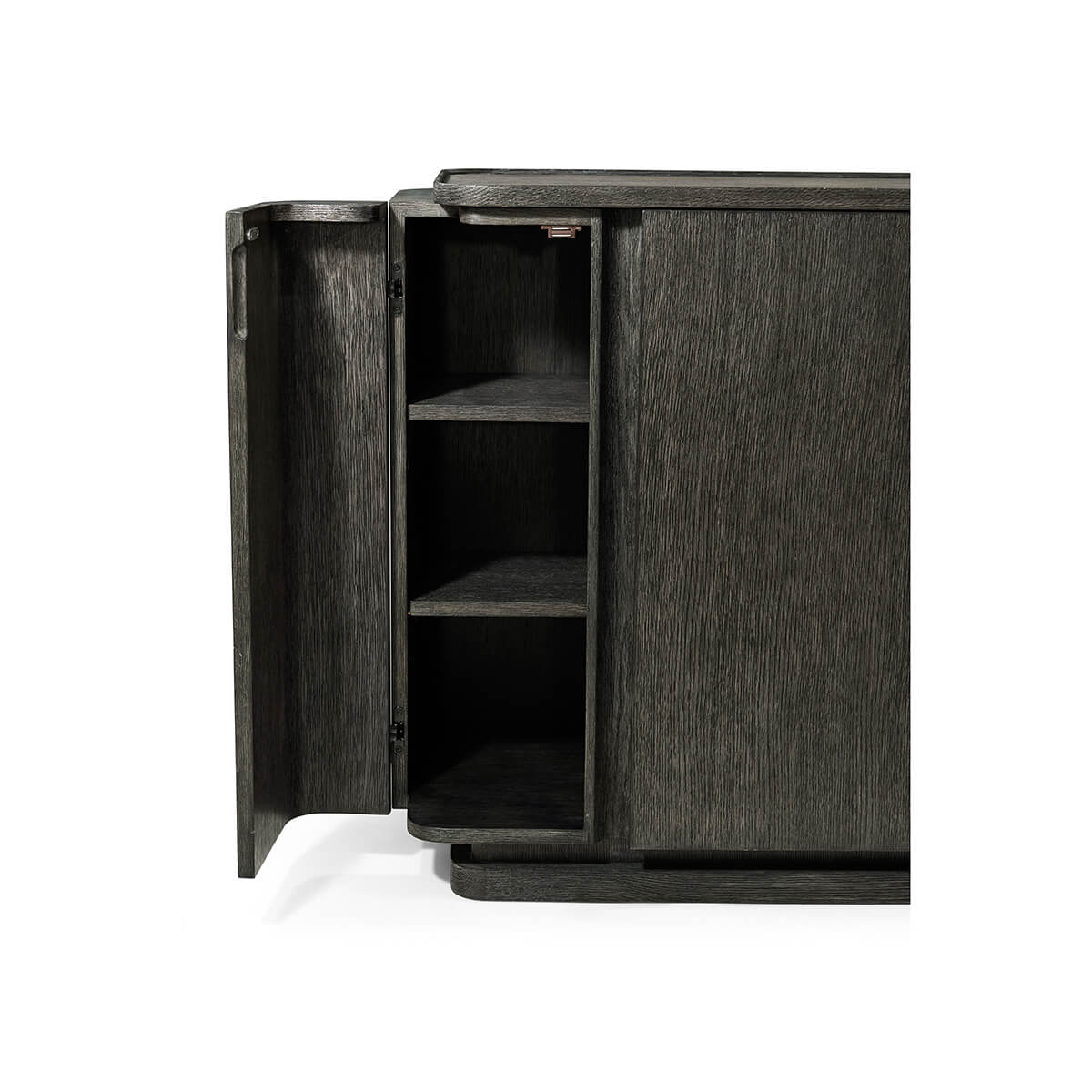 Dark oak buffet, side door open shelving detail.