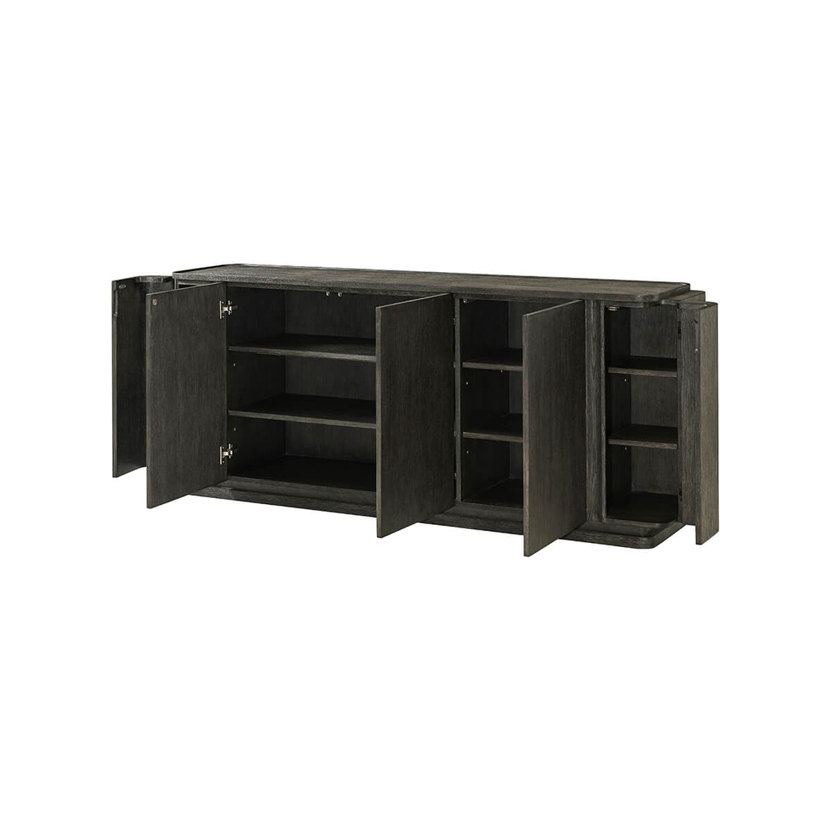 Dark oak buffet, front view, doors open.