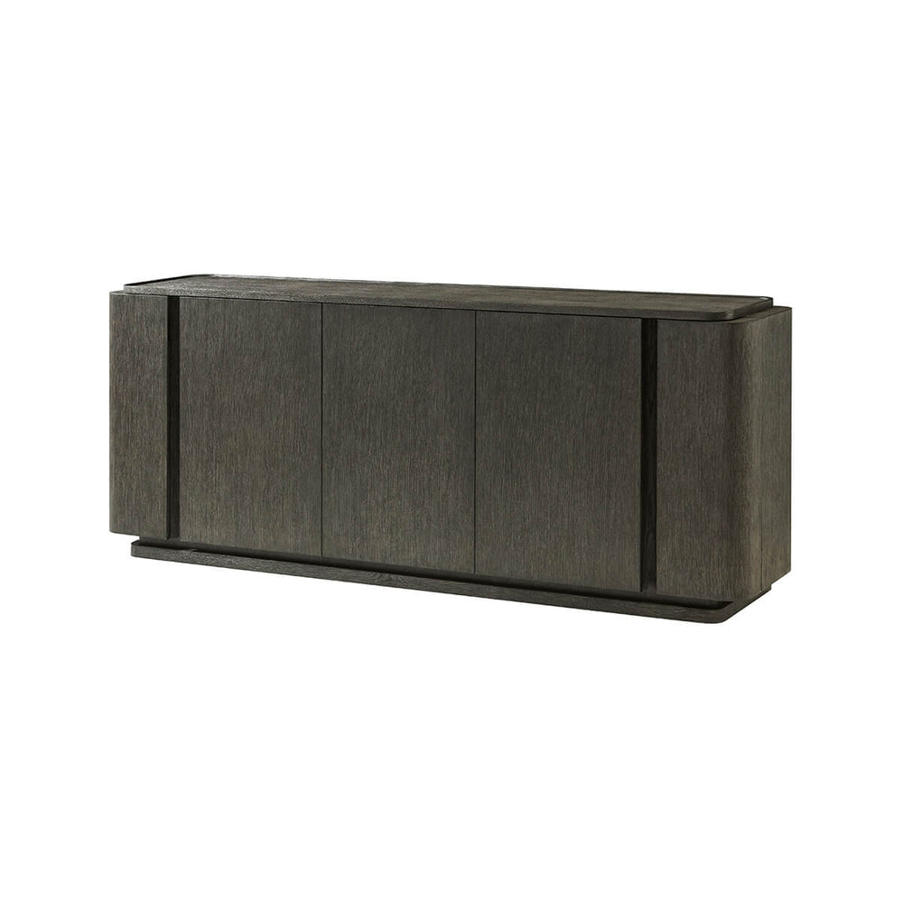 Dark oak buffet, front angled view, closed.