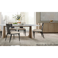 Dining room with dark oak buffet, styled setting.