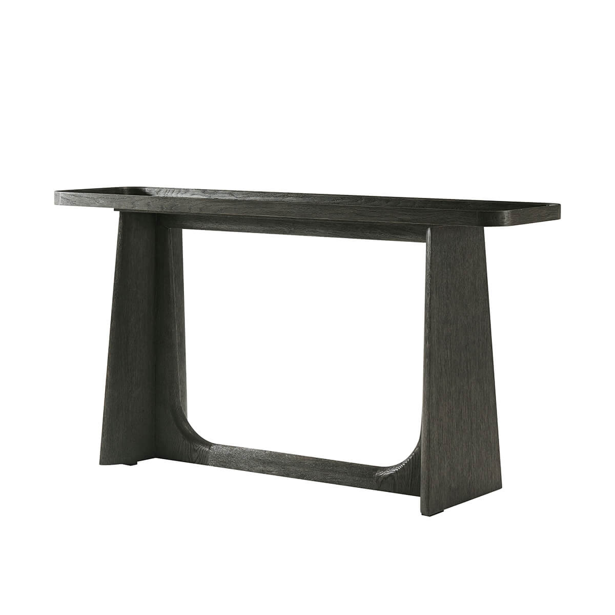 Angled view of dark oak modern console table.