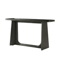Angled view of dark oak modern console table.
