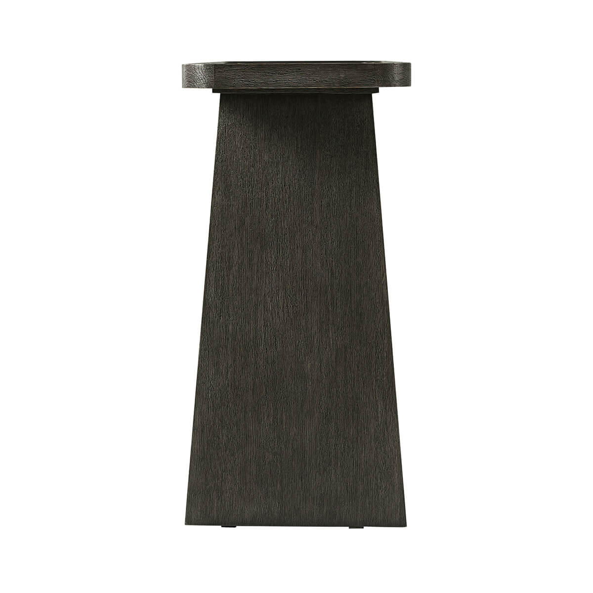 Side view of dark oak modern console table.