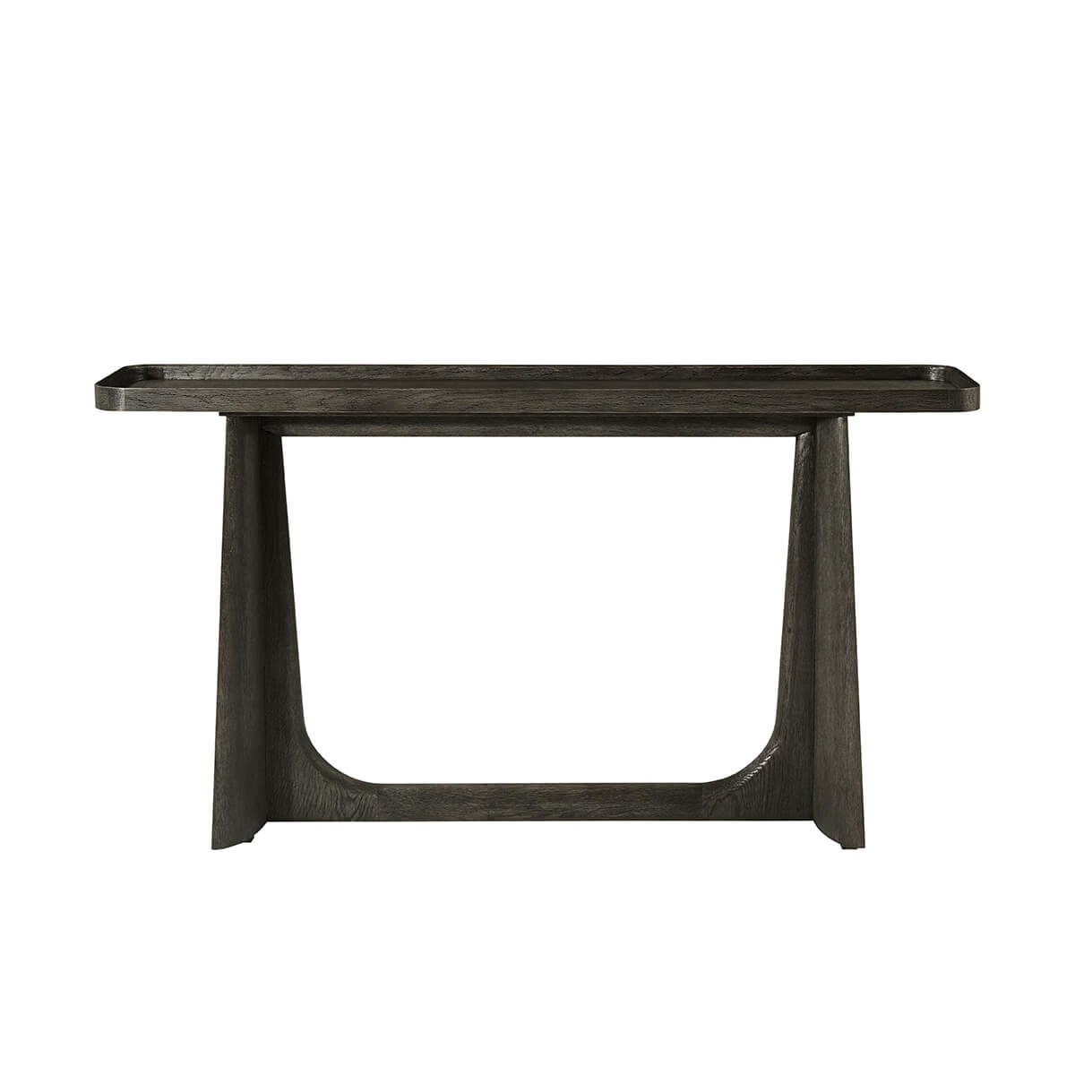 Front view of dark oak modern console table.
