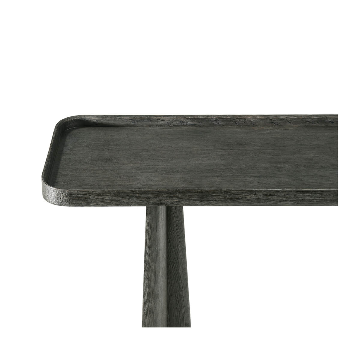 Close-up of top surface on dark oak console table.
