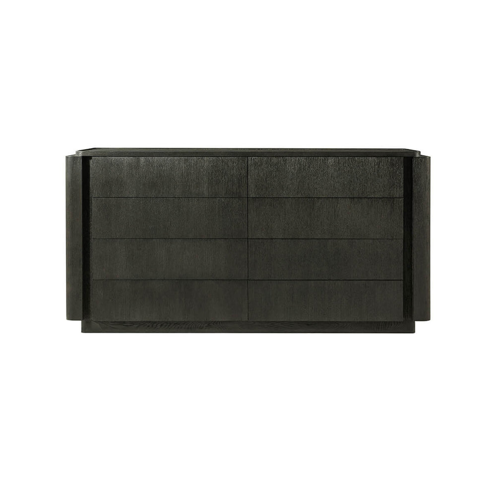 Front view of dark oak modern dresser, six drawers.