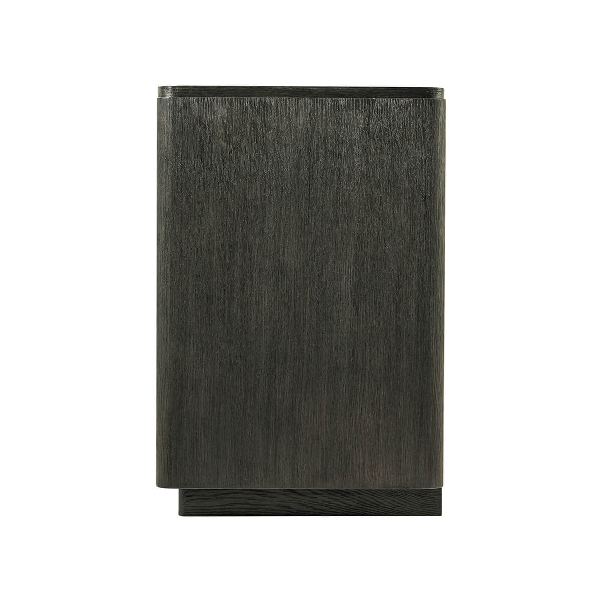 Side profile of dark oak modern dresser, vertical finish.