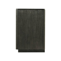 Side profile of dark oak modern dresser, vertical finish.