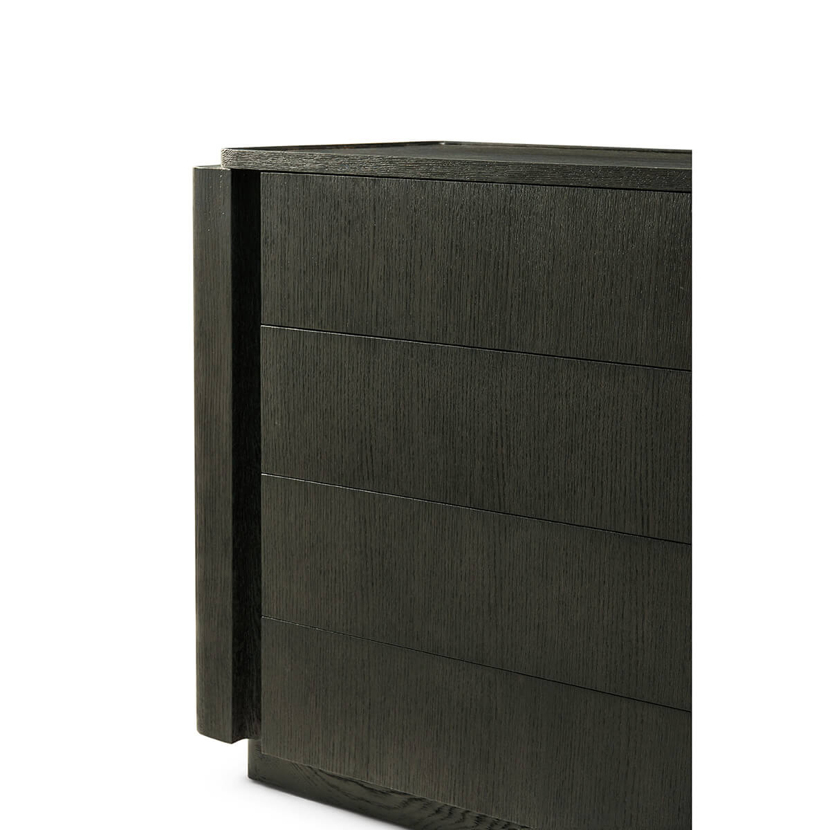 Close-up of dark oak modern dresser, detailed texture.