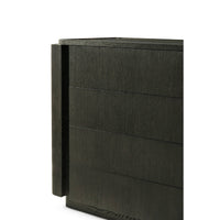 Close-up of dark oak modern dresser, detailed texture.