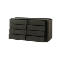Dark oak modern dresser with partially open drawers.
