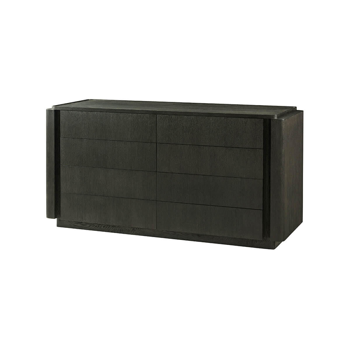 Angled view of dark oak modern dresser, sleek design.