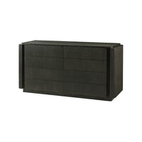 Angled view of dark oak modern dresser, sleek design.