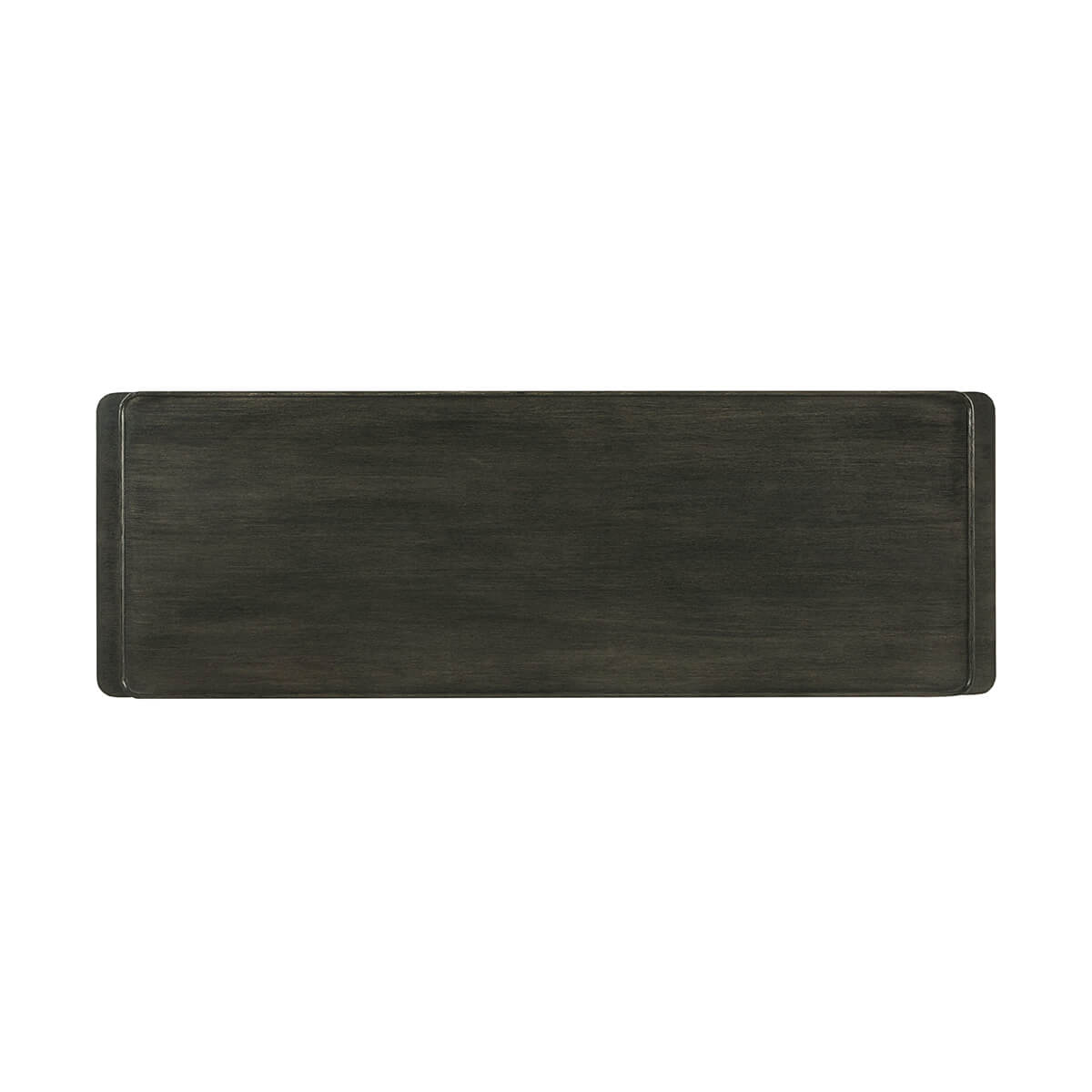 Top view of dark oak modern dresser, smooth surface.