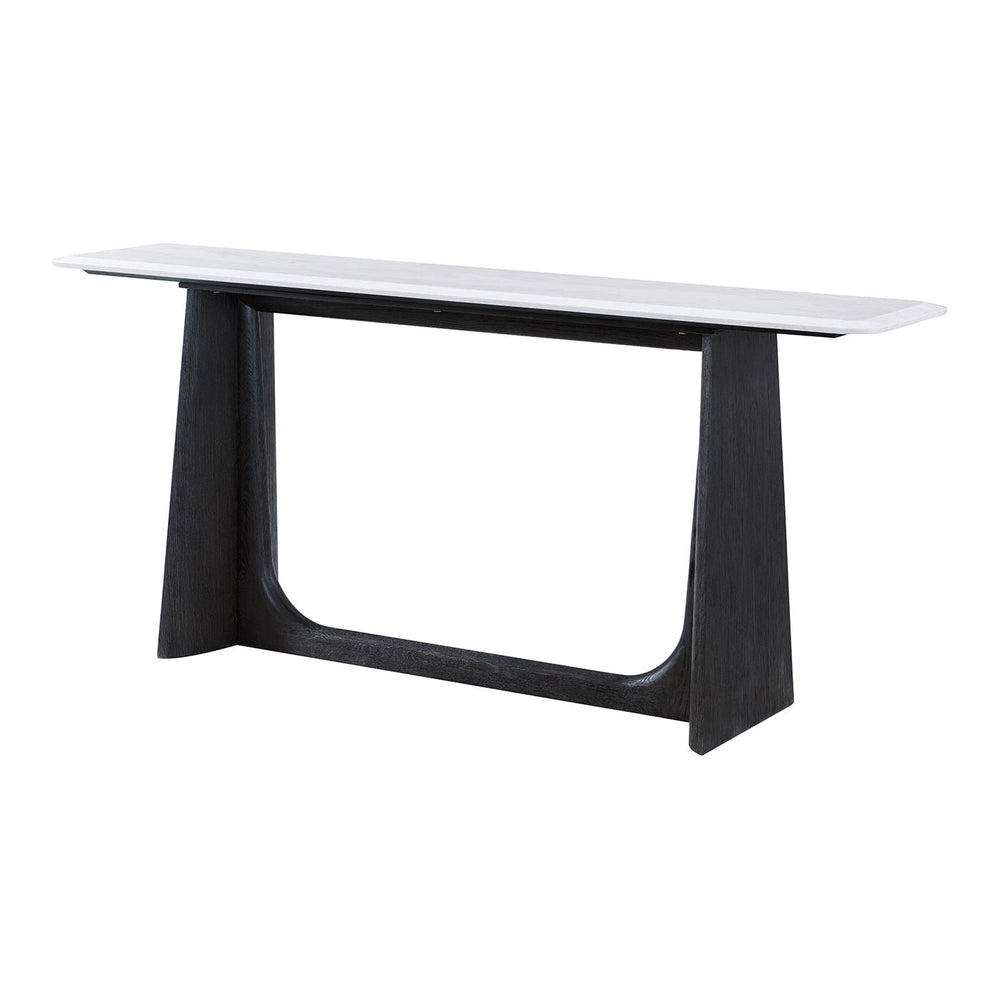 Side view of dark oak modern console table design.