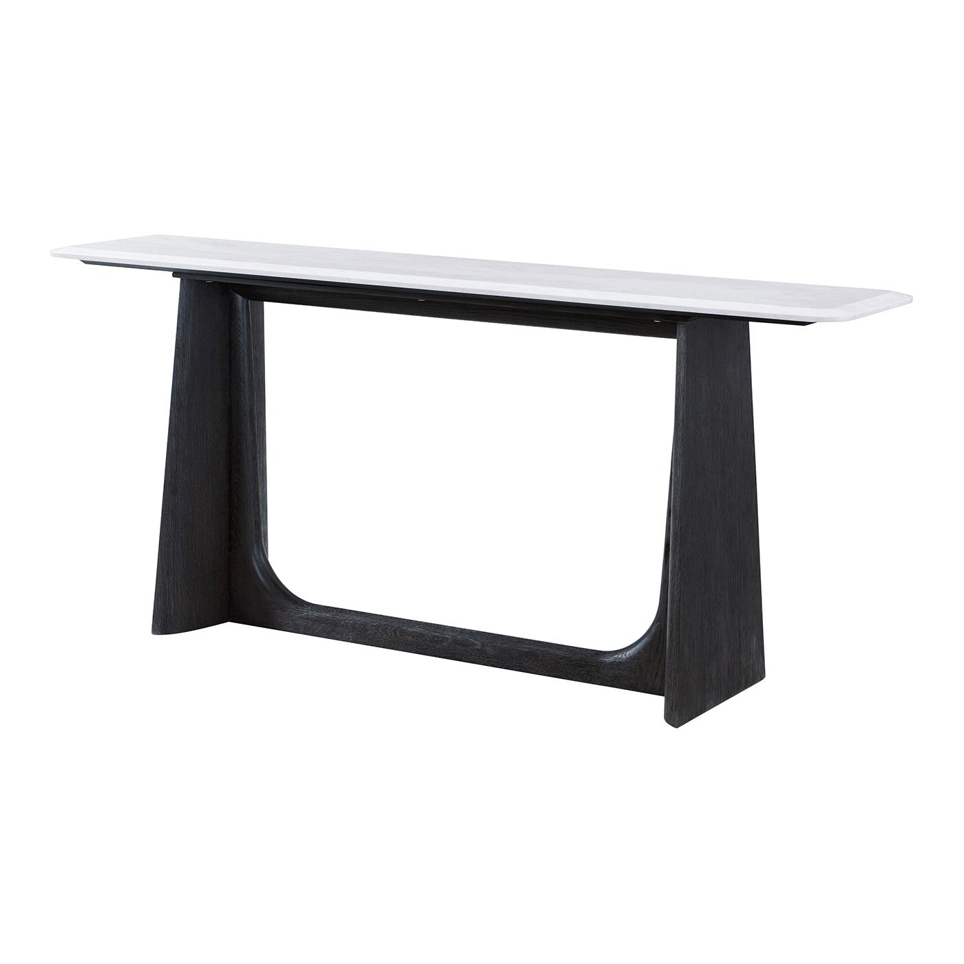 Side view of dark oak modern console table design.