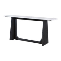 Side view of dark oak modern console table design.