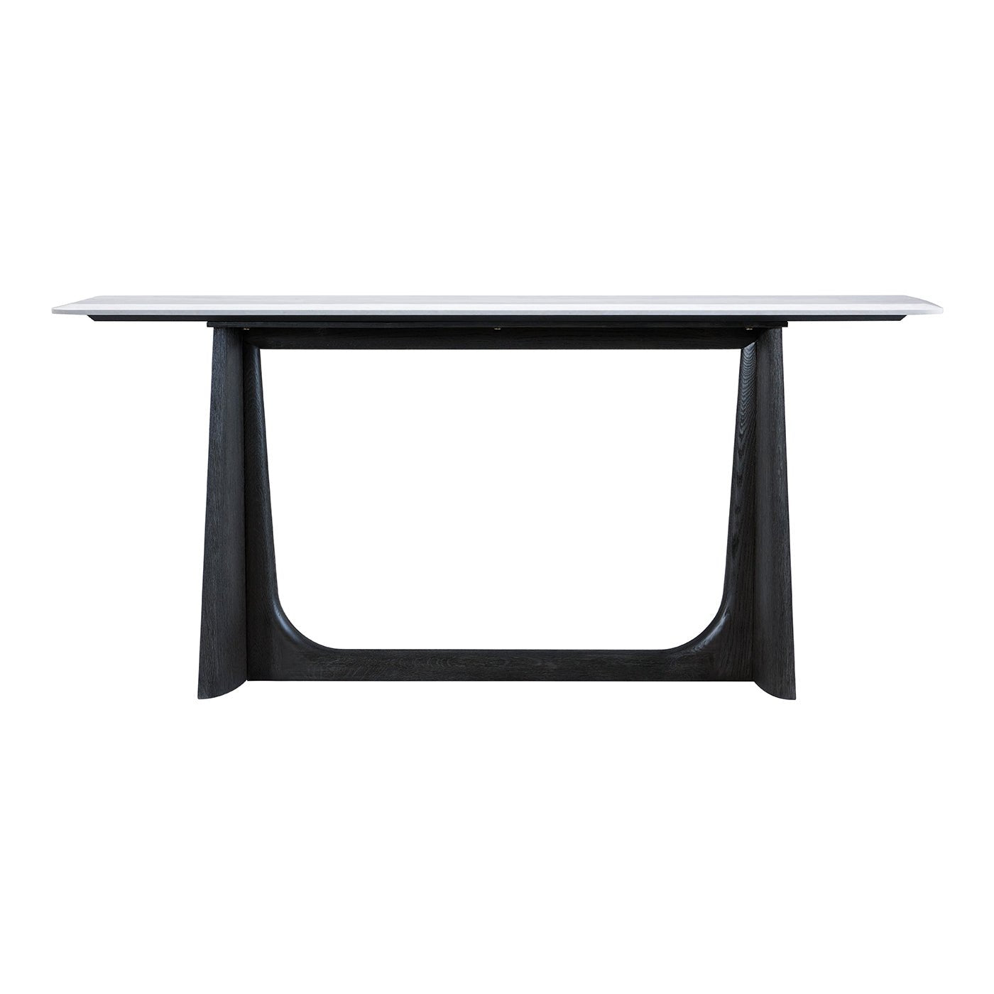 Front view of dark oak modern console table.
