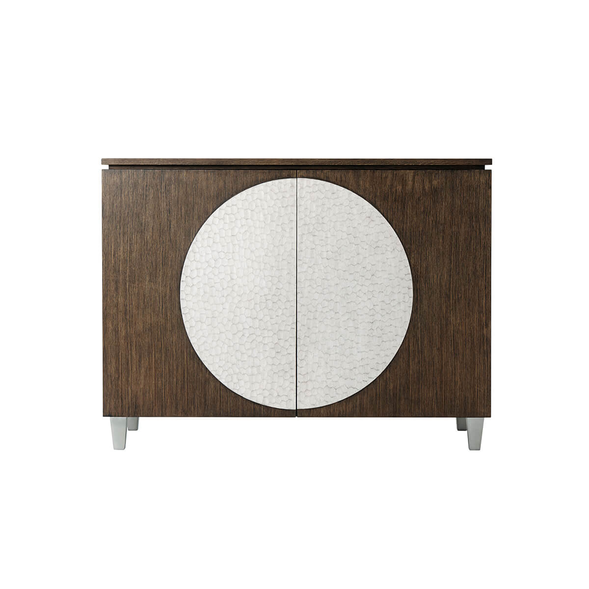 Front view of cabinet with circular design detail.