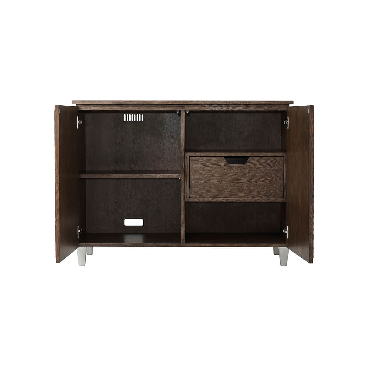 Inside view showing shelves and drawer of side cabinet.