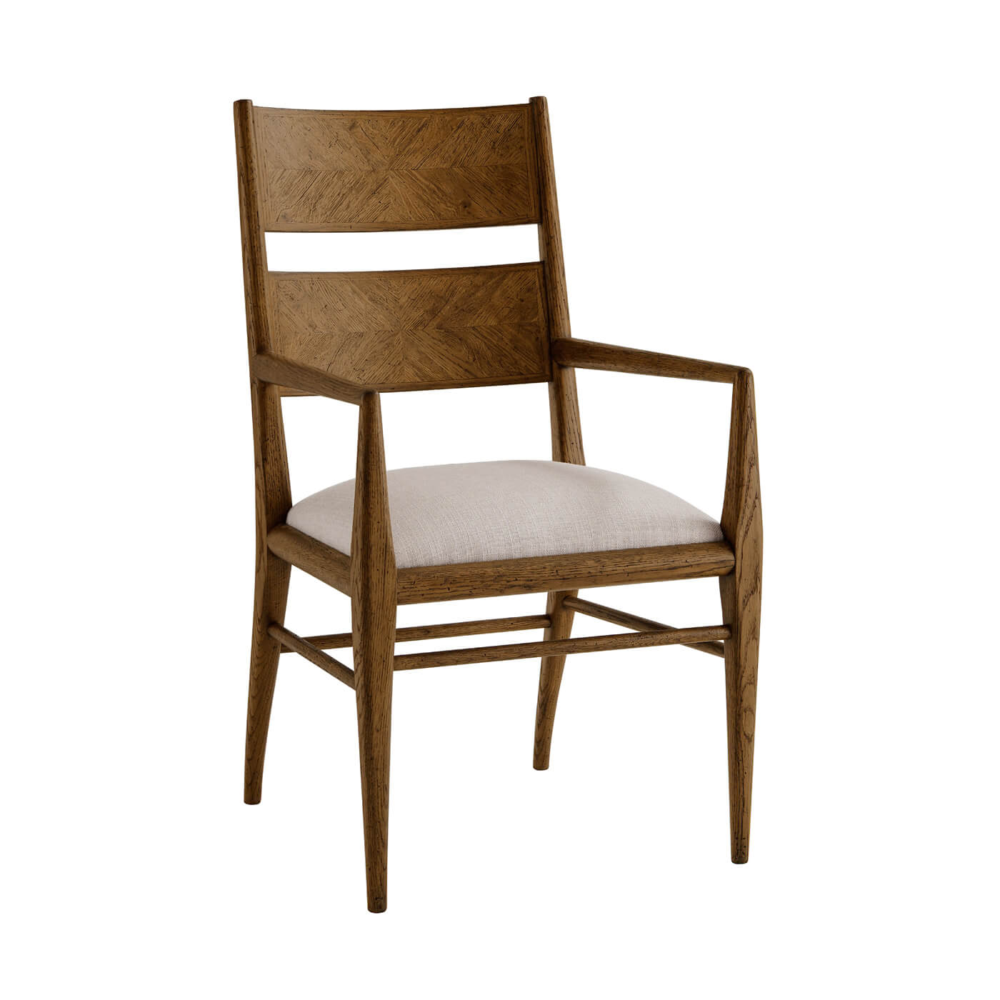 Dark oak dining arm chair, side view.