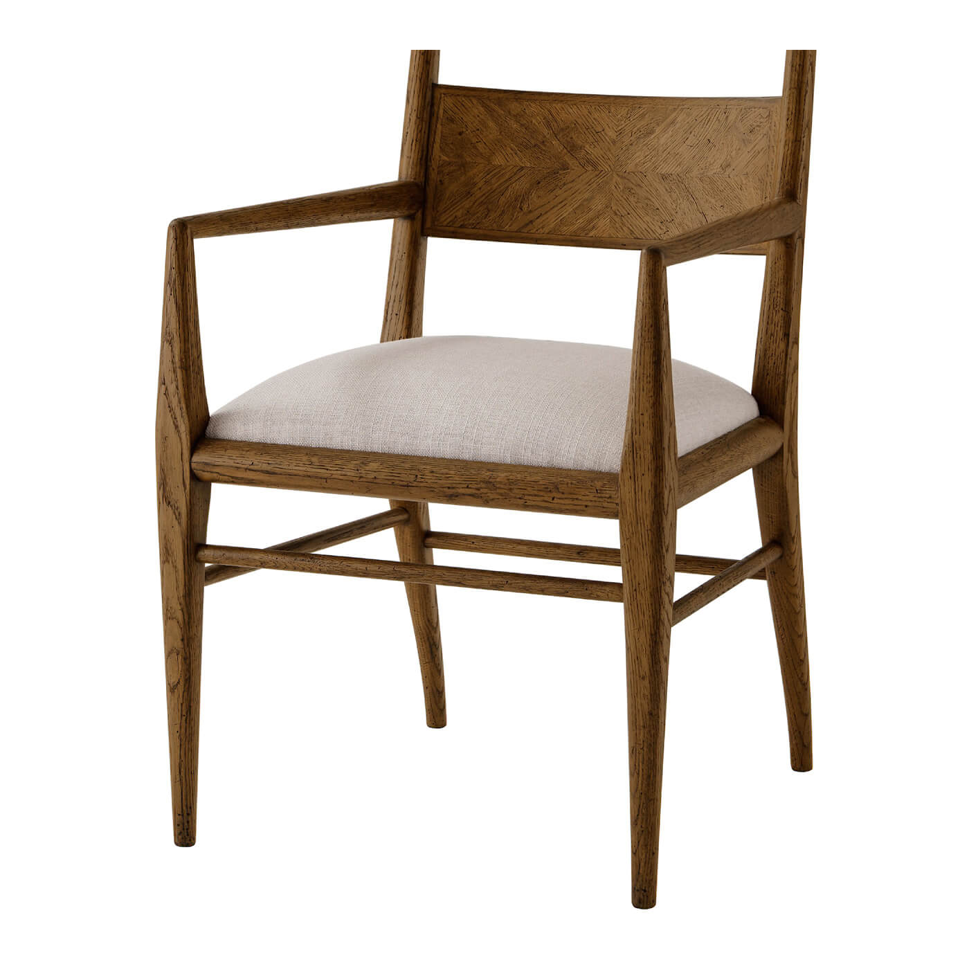 Dark oak dining chair, focus on seat and legs.