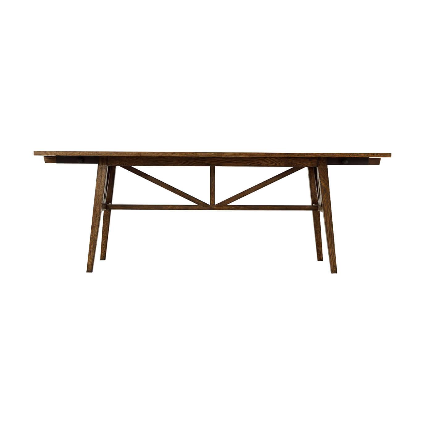 Front view of dark oak extending dining table.