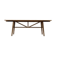Front view of dark oak extending dining table.