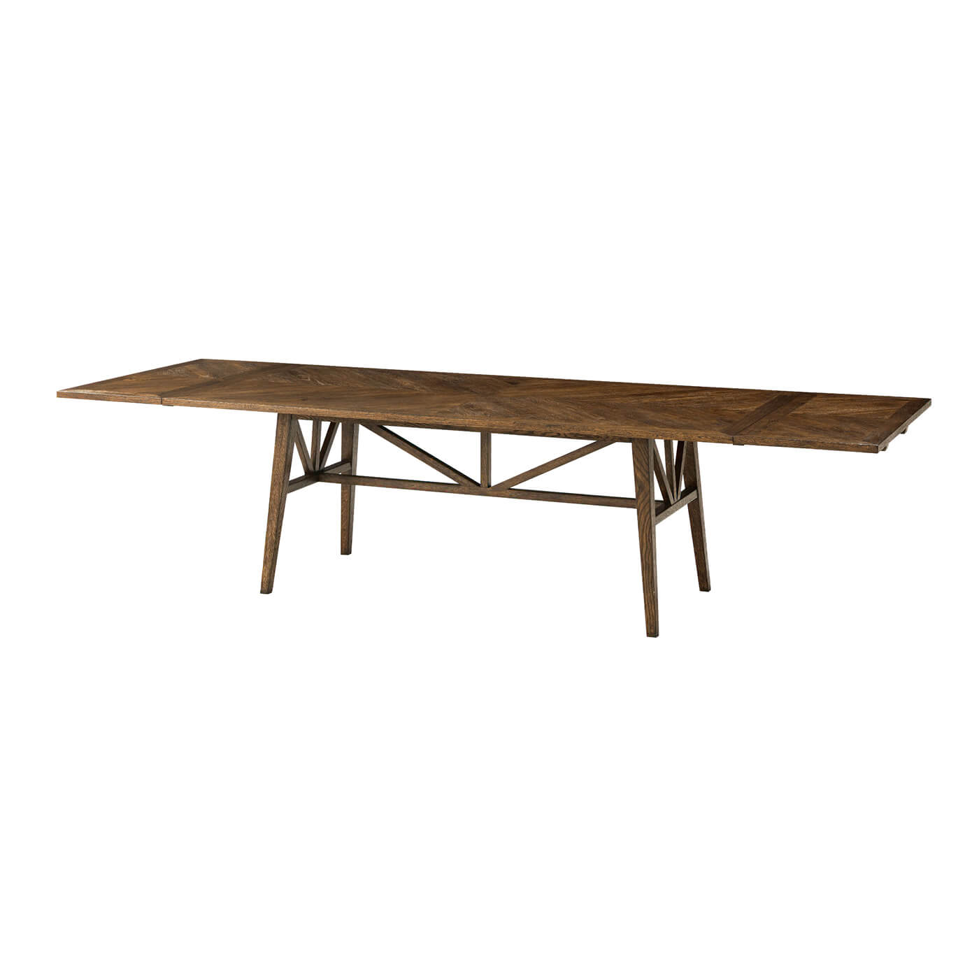 Extending dining table fully extended, dark oak wood.