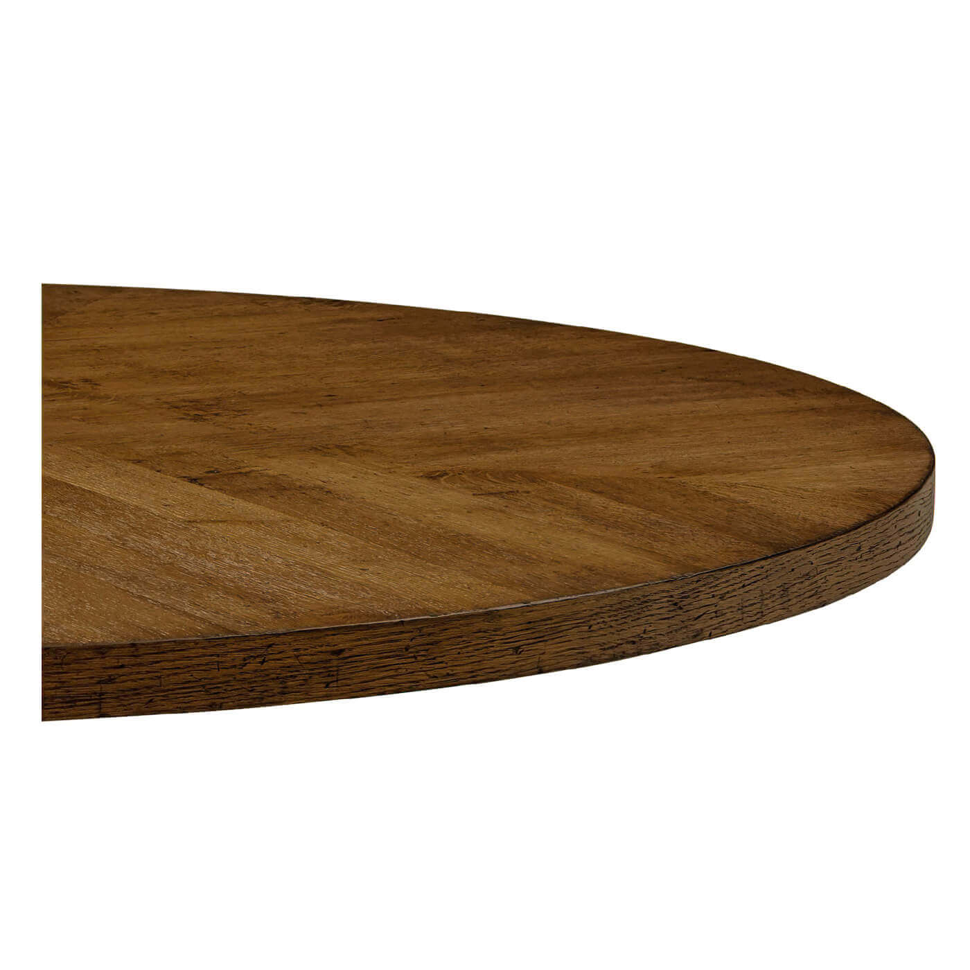 Close-up of tabletop showing dark oak wood grain.